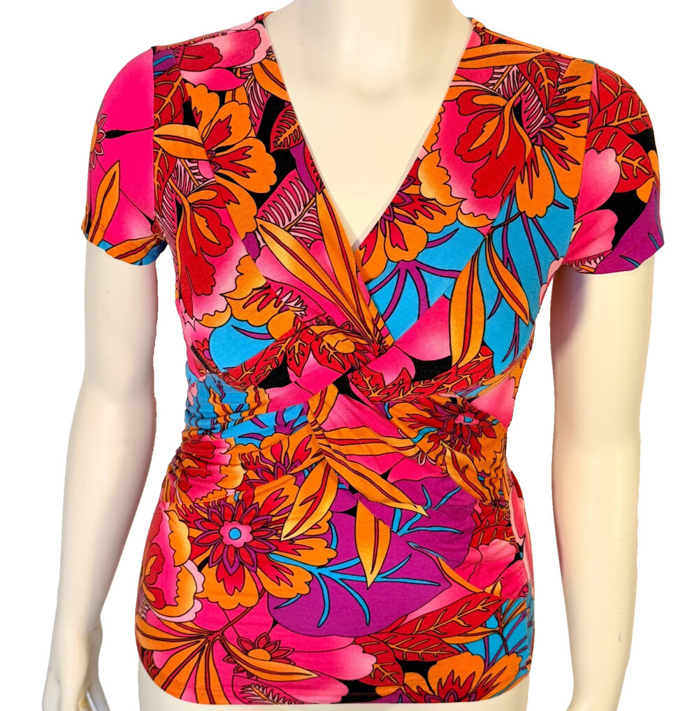 Cable & Gauge Knit Top Blouse Women's S Purple Red Vibrant Floral Twist V-Neck